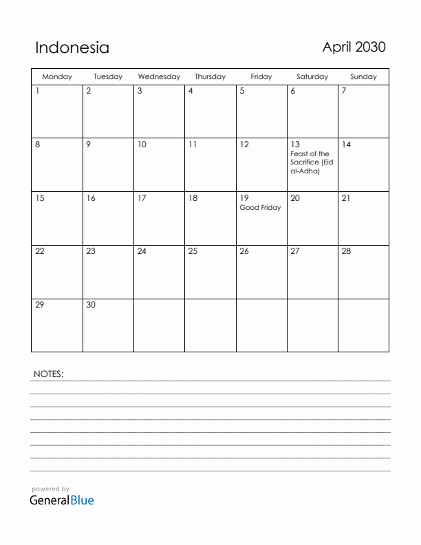 April 2030 Indonesia Calendar with Holidays (Monday Start)