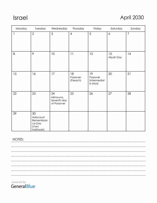 April 2030 Israel Calendar with Holidays (Monday Start)