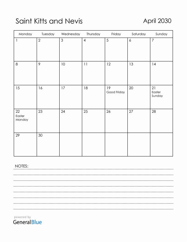 April 2030 Saint Kitts and Nevis Calendar with Holidays (Monday Start)