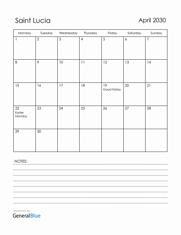 April 2030 Saint Lucia Calendar with Holidays (Monday Start)