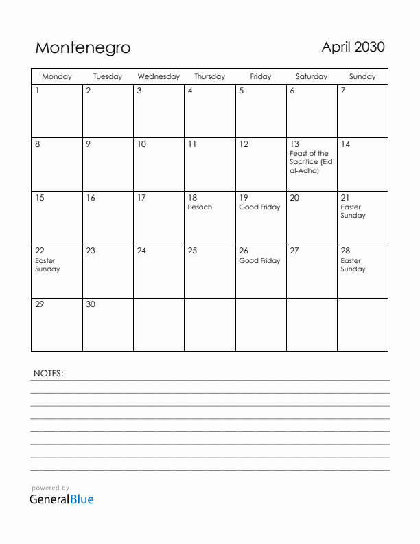 April 2030 Montenegro Calendar with Holidays (Monday Start)