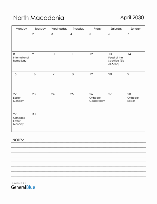 April 2030 North Macedonia Calendar with Holidays (Monday Start)