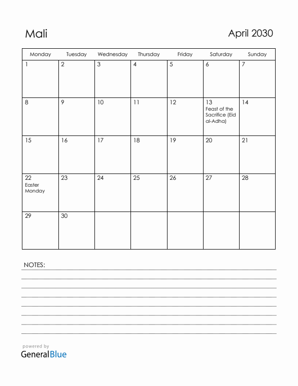 April 2030 Mali Calendar with Holidays (Monday Start)