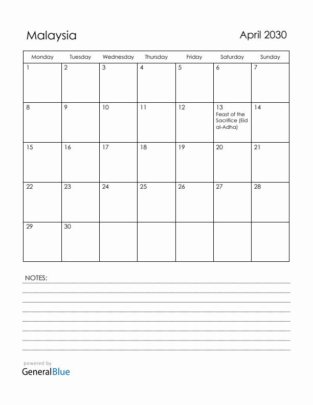 April 2030 Malaysia Calendar with Holidays (Monday Start)