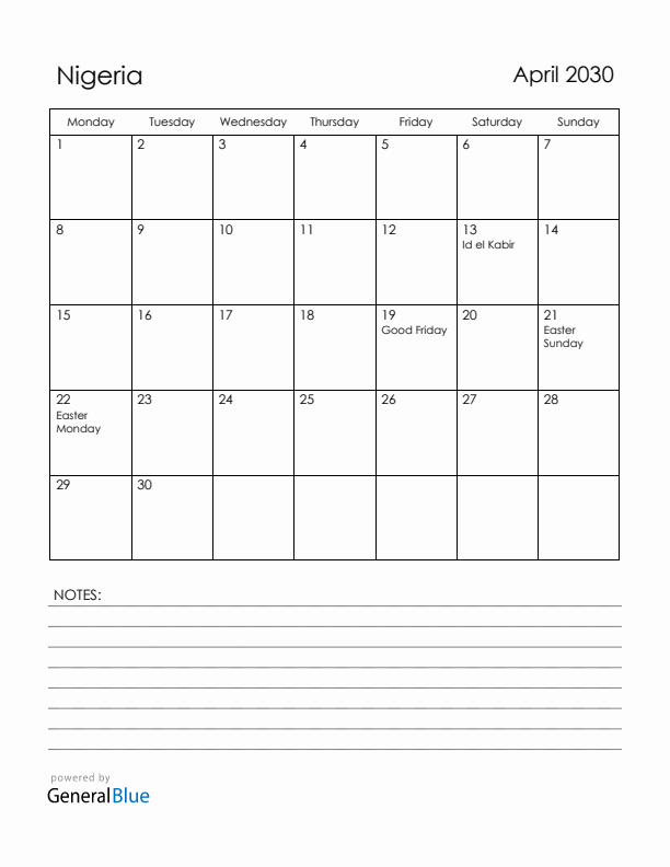 April 2030 Nigeria Calendar with Holidays (Monday Start)