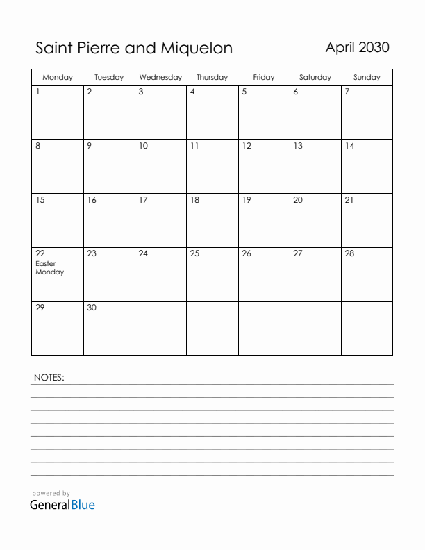 April 2030 Saint Pierre and Miquelon Calendar with Holidays (Monday Start)