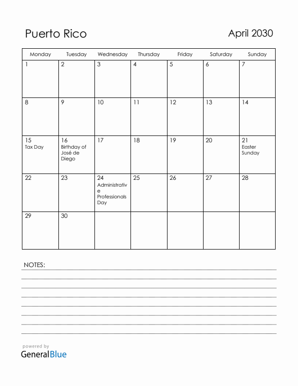 April 2030 Puerto Rico Calendar with Holidays (Monday Start)