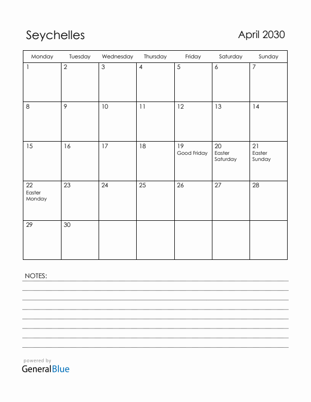 April 2030 Seychelles Calendar with Holidays (Monday Start)