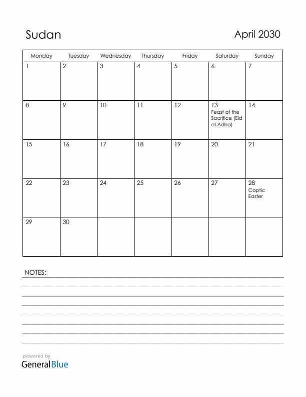 April 2030 Sudan Calendar with Holidays (Monday Start)