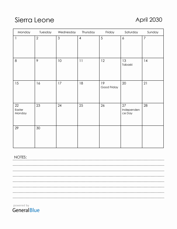 April 2030 Sierra Leone Calendar with Holidays (Monday Start)