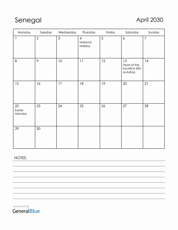 April 2030 Senegal Calendar with Holidays (Monday Start)