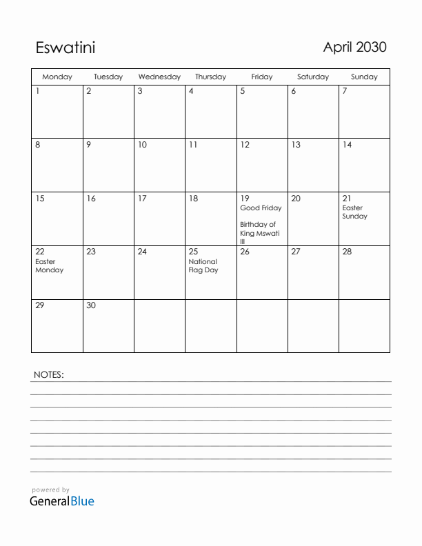 April 2030 Eswatini Calendar with Holidays (Monday Start)
