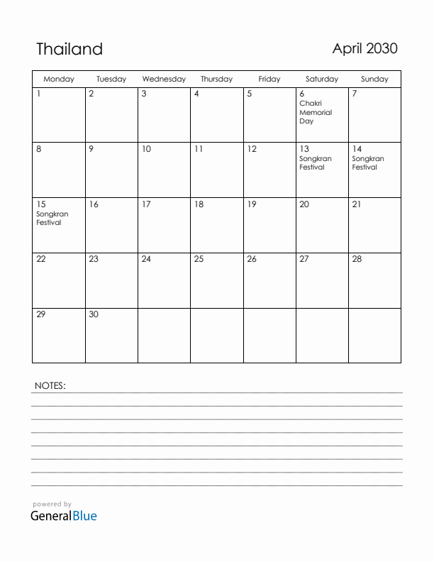 April 2030 Thailand Calendar with Holidays (Monday Start)