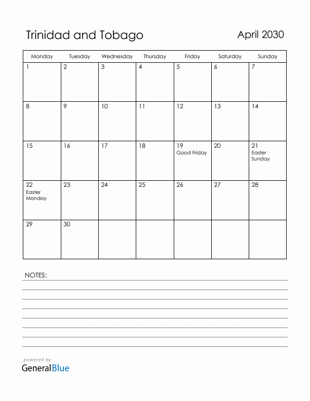 April 2030 Trinidad and Tobago Calendar with Holidays (Monday Start)
