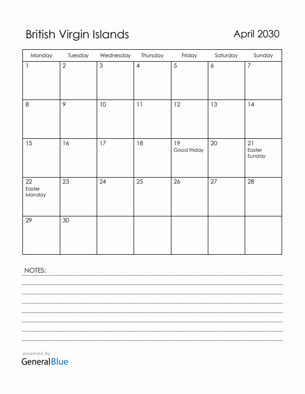 April 2030 British Virgin Islands Calendar with Holidays (Monday Start)