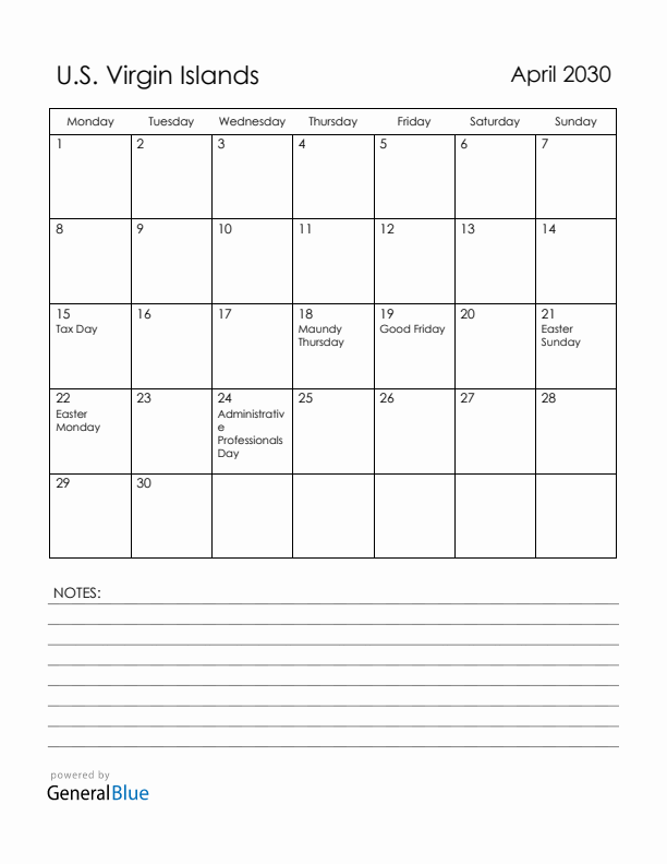 April 2030 U.S. Virgin Islands Calendar with Holidays (Monday Start)