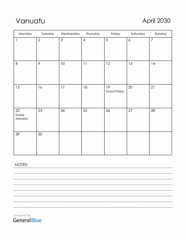 April 2030 Vanuatu Calendar with Holidays (Monday Start)