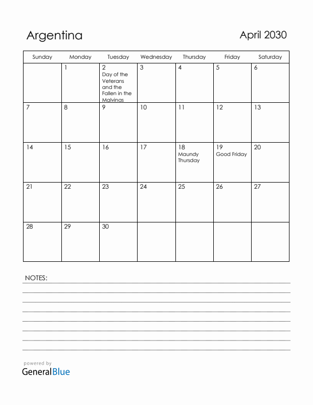 April 2030 Argentina Calendar with Holidays (Sunday Start)