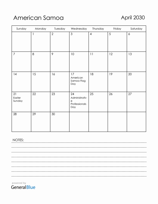 April 2030 American Samoa Calendar with Holidays (Sunday Start)