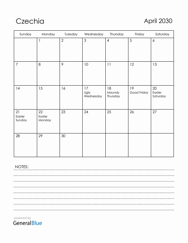 April 2030 Czechia Calendar with Holidays (Sunday Start)