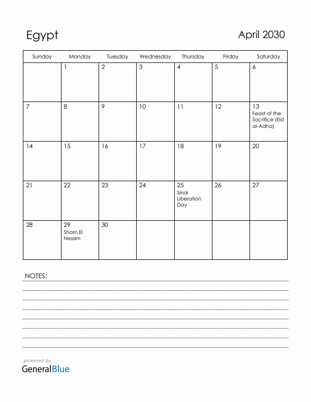 April 2030 Egypt Calendar with Holidays (Sunday Start)