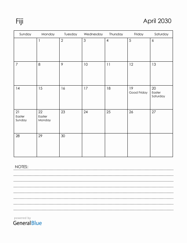 April 2030 Fiji Calendar with Holidays (Sunday Start)