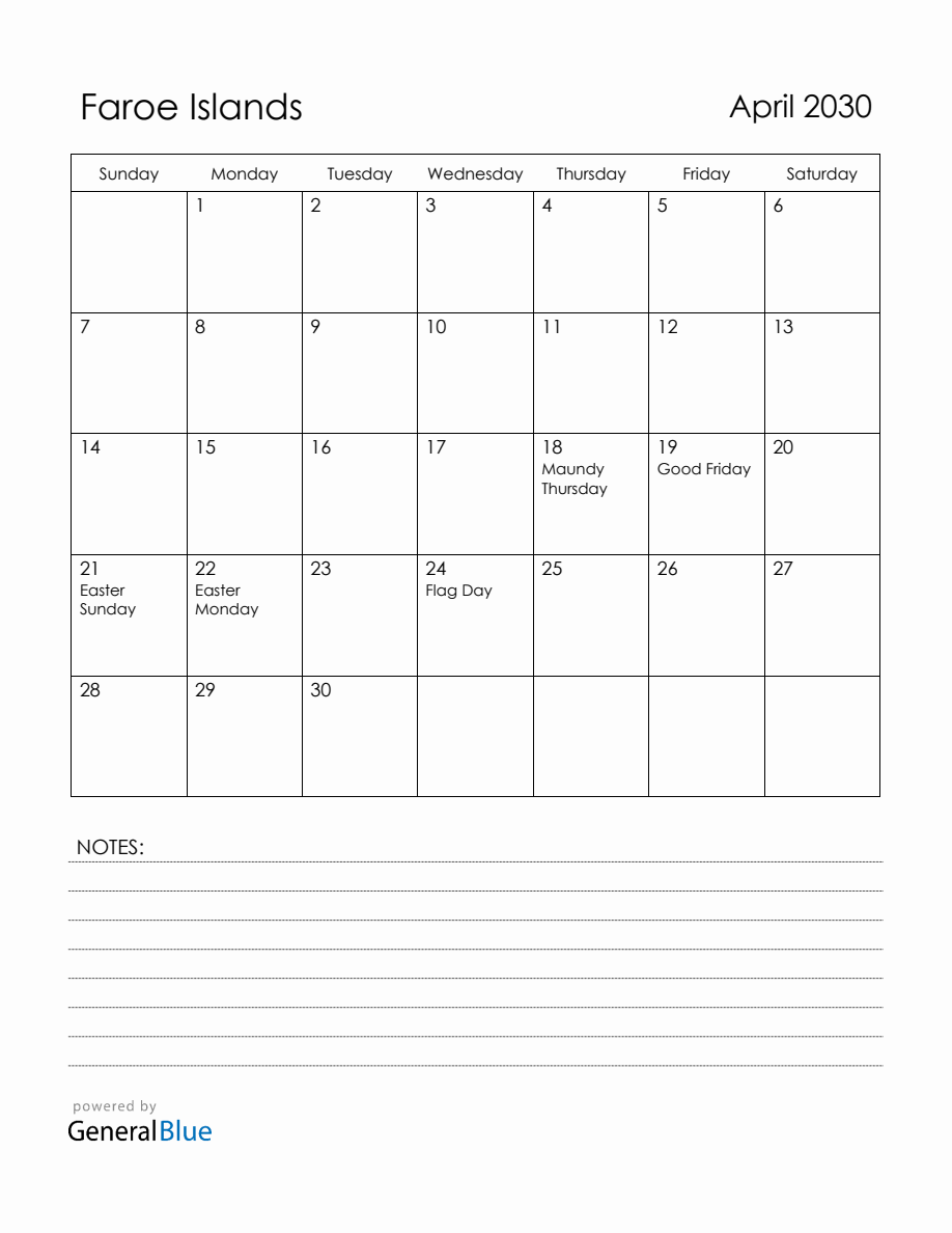 April 2030 Faroe Islands Calendar with Holidays