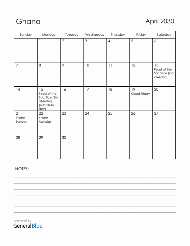April 2030 Ghana Calendar with Holidays (Sunday Start)