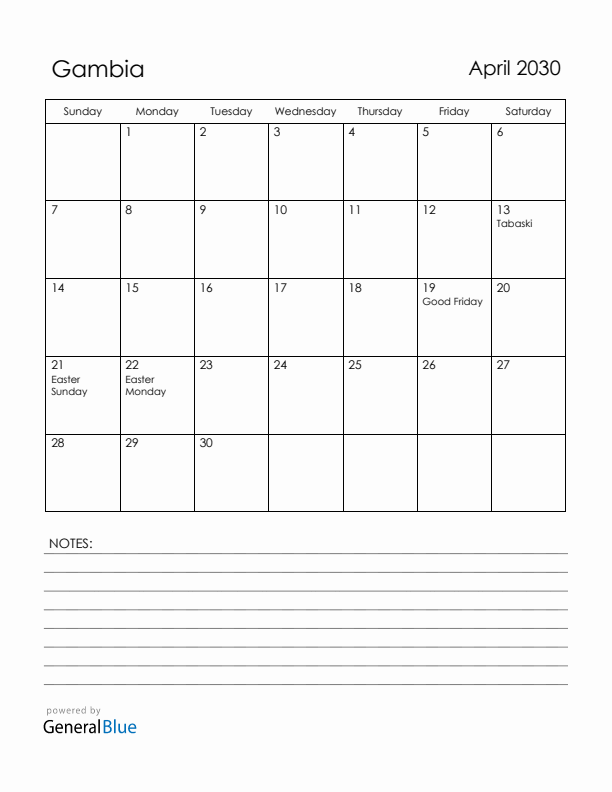 April 2030 Gambia Calendar with Holidays (Sunday Start)