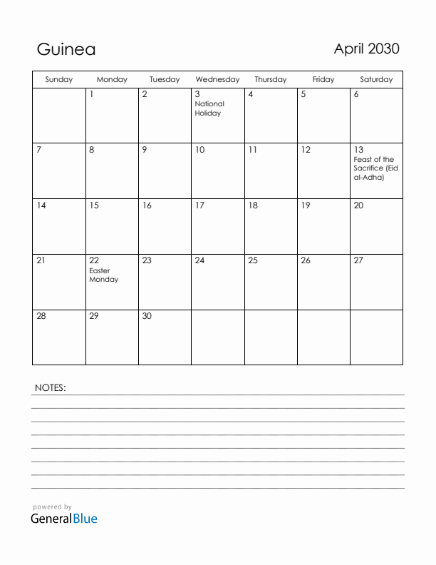April 2030 Guinea Calendar with Holidays (Sunday Start)