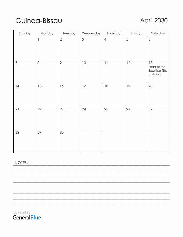 April 2030 Guinea-Bissau Calendar with Holidays (Sunday Start)