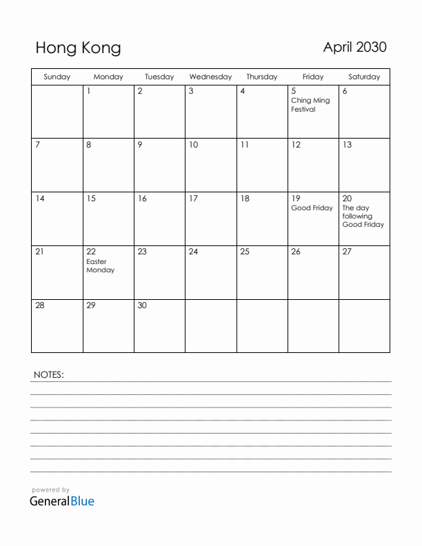April 2030 Hong Kong Calendar with Holidays (Sunday Start)