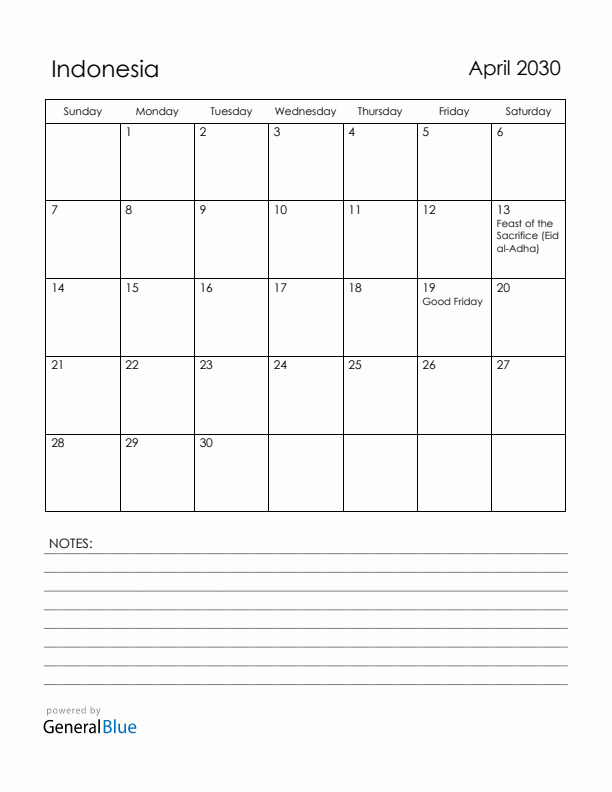 April 2030 Indonesia Calendar with Holidays (Sunday Start)