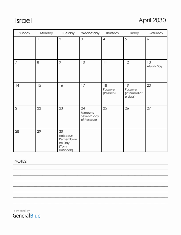 April 2030 Israel Calendar with Holidays (Sunday Start)