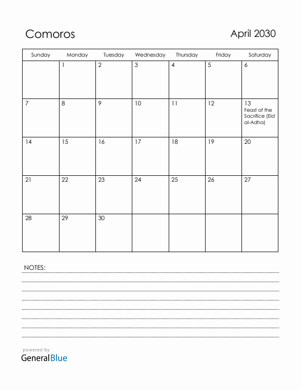 April 2030 Comoros Calendar with Holidays (Sunday Start)