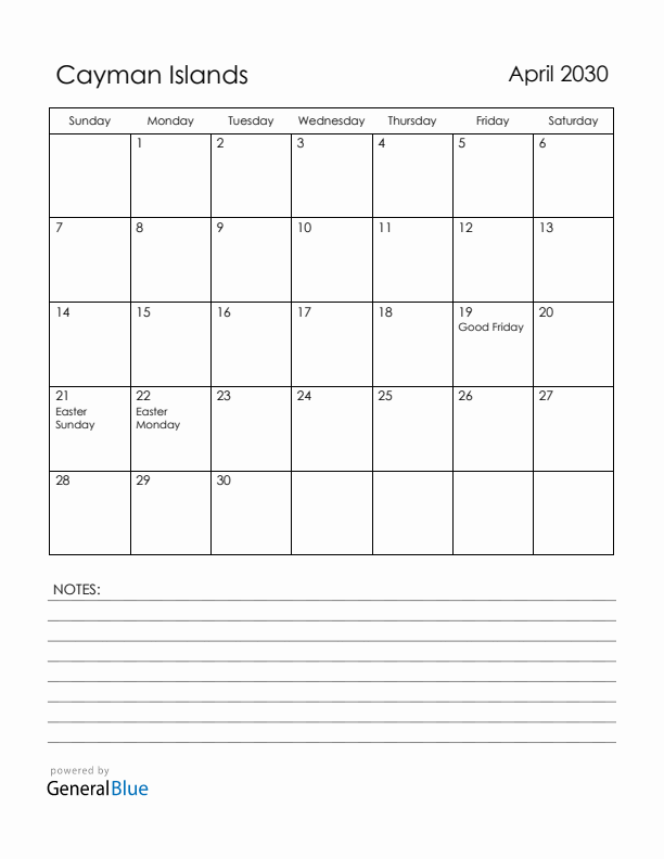April 2030 Cayman Islands Calendar with Holidays (Sunday Start)