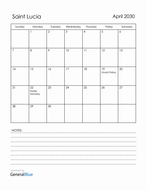 April 2030 Saint Lucia Calendar with Holidays (Sunday Start)