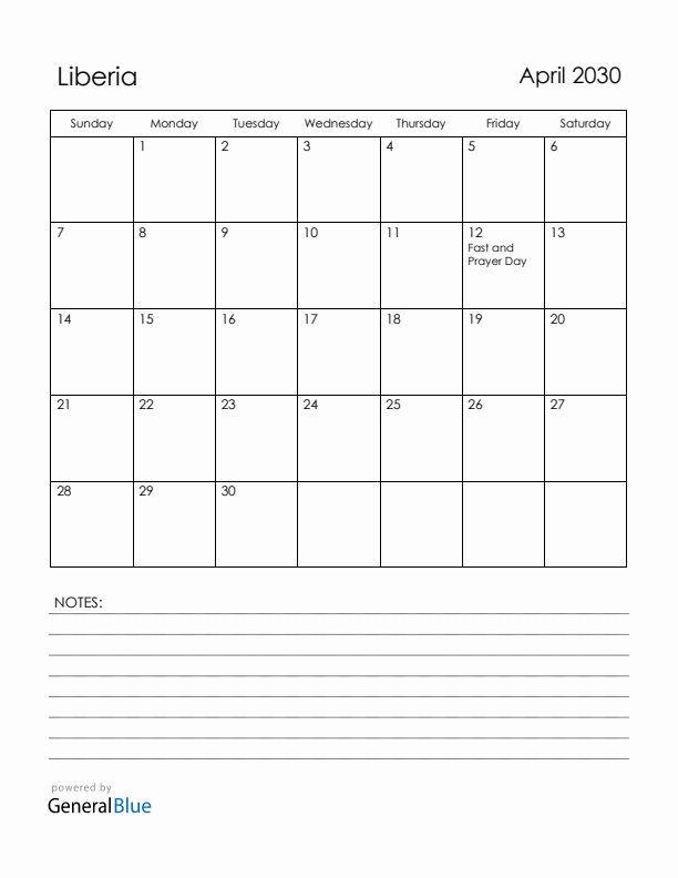 April 2030 Liberia Calendar with Holidays (Sunday Start)