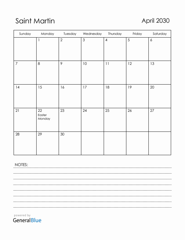 April 2030 Saint Martin Calendar with Holidays (Sunday Start)