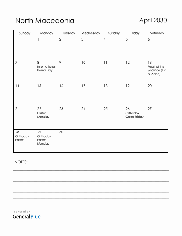 April 2030 North Macedonia Calendar with Holidays (Sunday Start)