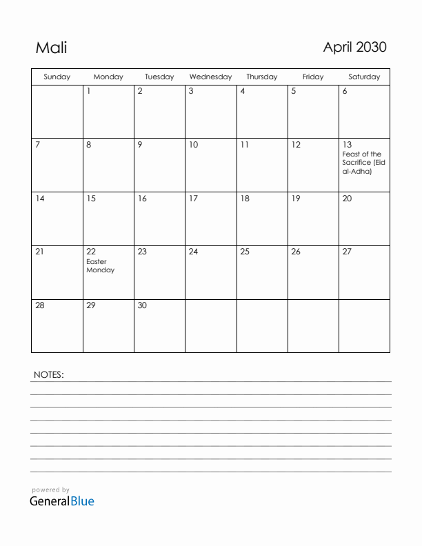 April 2030 Mali Calendar with Holidays (Sunday Start)