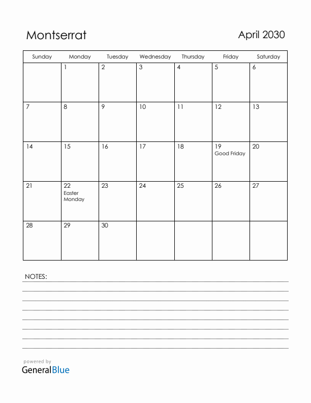 April 2030 Montserrat Calendar with Holidays (Sunday Start)