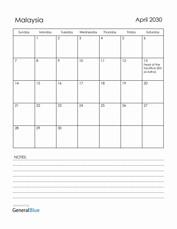 April 2030 Malaysia Calendar with Holidays (Sunday Start)