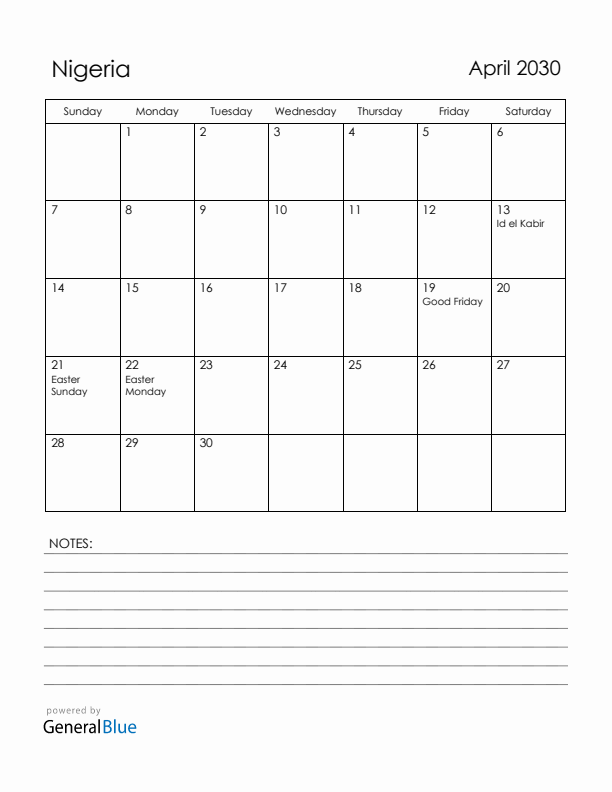 April 2030 Nigeria Calendar with Holidays (Sunday Start)