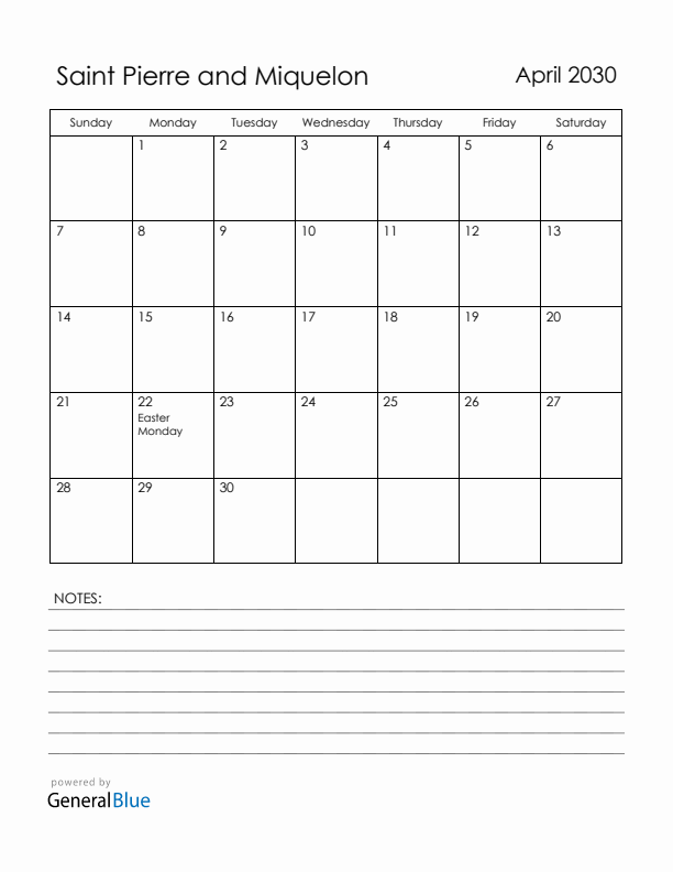 April 2030 Saint Pierre and Miquelon Calendar with Holidays (Sunday Start)