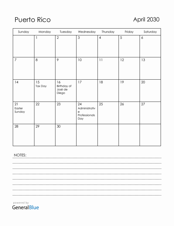 April 2030 Puerto Rico Calendar with Holidays (Sunday Start)