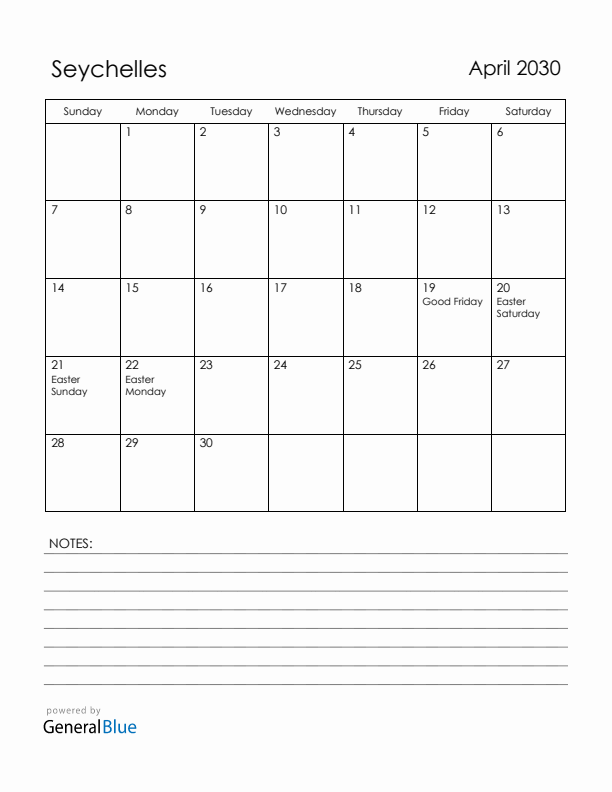 April 2030 Seychelles Calendar with Holidays (Sunday Start)