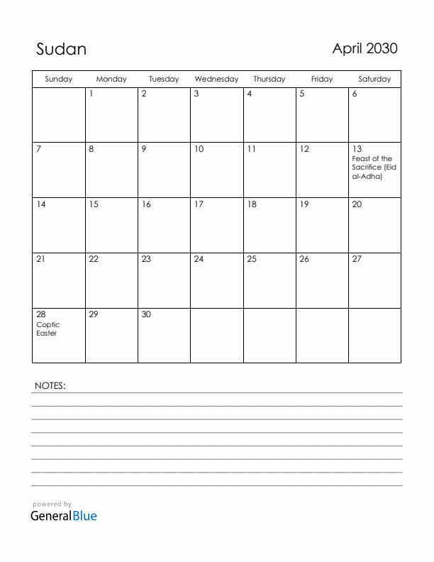 April 2030 Sudan Calendar with Holidays (Sunday Start)