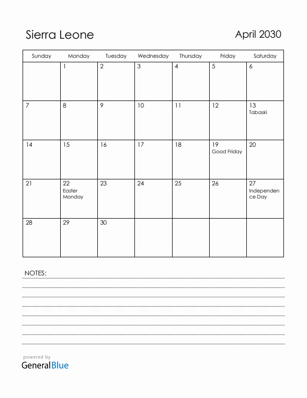 April 2030 Sierra Leone Calendar with Holidays (Sunday Start)