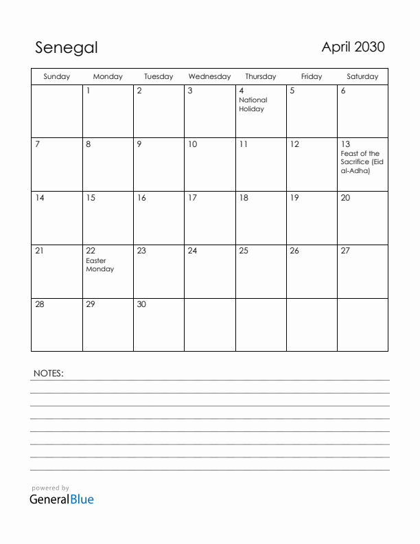 April 2030 Senegal Calendar with Holidays (Sunday Start)